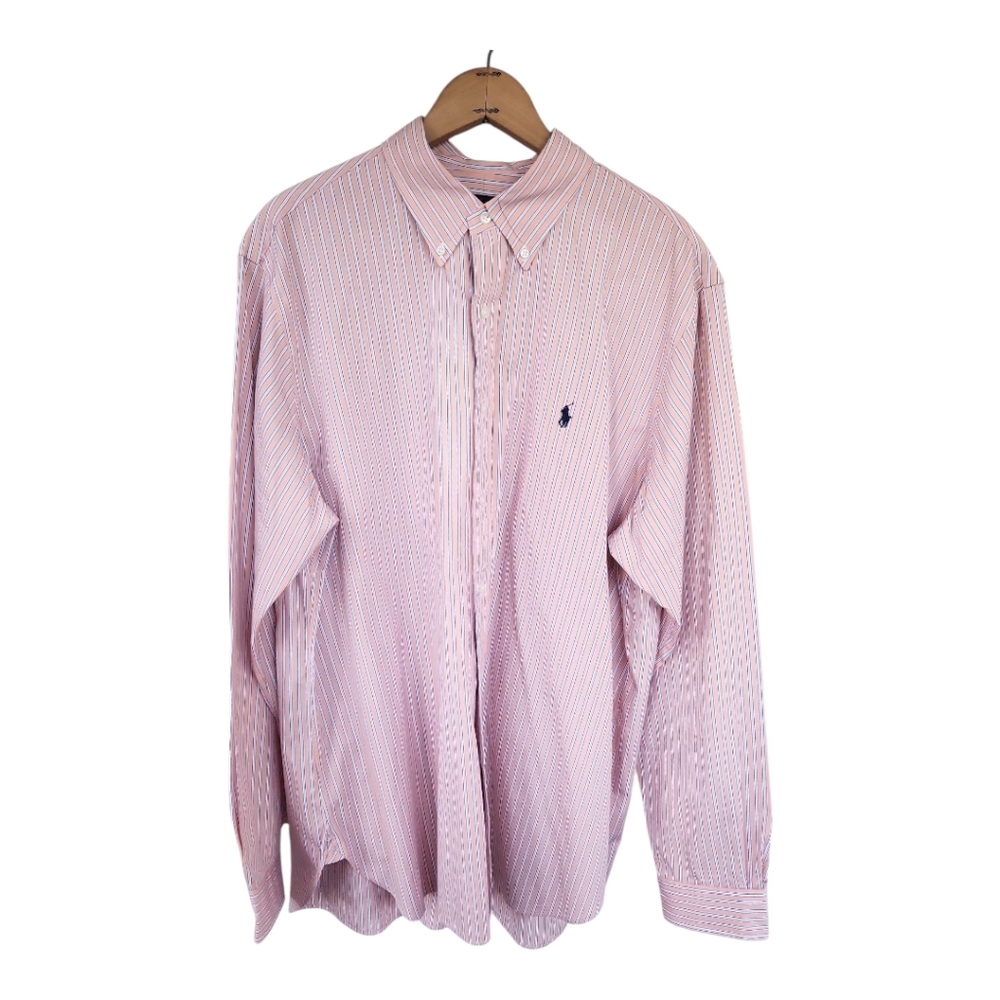 Men's Ralph Lauren Preppy Salmon & Blue Pinstriped Button Down Shirt Sz 17 XL